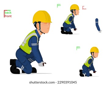 A worker is lifting something on the floor