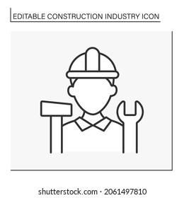  Worker line icon. Builder with hammer and screwdriver instruments.Construction industry concept. Isolated vector illustration. Editable stroke