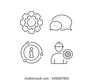 Worker line icon. Chat bubble, info sign elements. Engineer Profile with cogwheel sign. Male Person silhouette symbol. Linear engineer outline icon. Information bubble. Vector