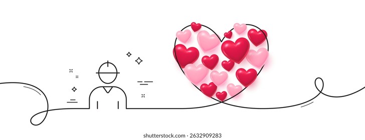 Worker line icon. Continuous line big heart. Engineer Profile sign. Male Person silhouette symbol. 3d hearts in heart shaped loop. Engineer single line ribbon. Loop curve pattern. Vector