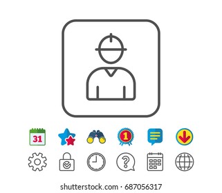 Worker line icon. Engineer Profile sign. Male Person silhouette symbol. Calendar, Globe and Chat line signs. Binoculars, Award and Download icons. Editable stroke. Vector