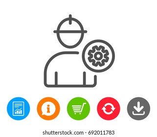 Worker line icon. Engineer Profile with cogwheel sign. Male Person silhouette symbol. Report, Information and Refresh line signs. Shopping cart and Download icons. Editable stroke. Vector