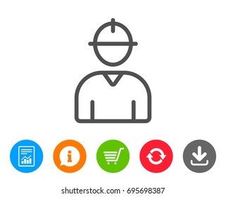 Worker line icon. Engineer Profile sign. Male Person silhouette symbol. Report, Information and Refresh line signs. Shopping cart and Download icons. Editable stroke. Vector
