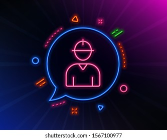 Worker line icon. Neon laser lights. Engineer Profile sign. Male Person silhouette symbol. Glow laser speech bubble. Neon lights chat bubble. Banner badge with engineer icon. Vector