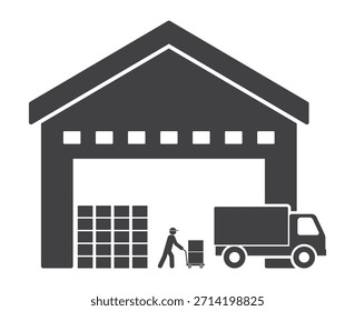 Cargador del trabajador con el trabajo del Carrito del empuje en el icono del negocio del coche del camión de la carga del almacén