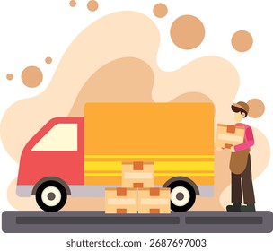 Ilustração do trabalhador carregando caixas no caminhão de entrega