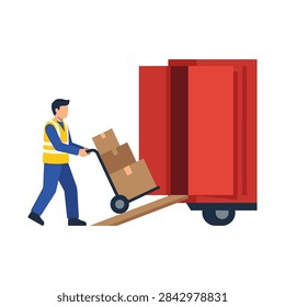 Worker loading boxes into a red boxcar with a hand truck