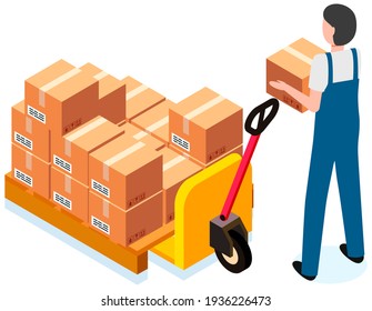 Worker loading boxes on carrier. Man wearing work clothes holding box, put it on platform