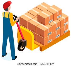 Worker loading boxes on carrier. Man wearing work clothes holding box, put it on platform