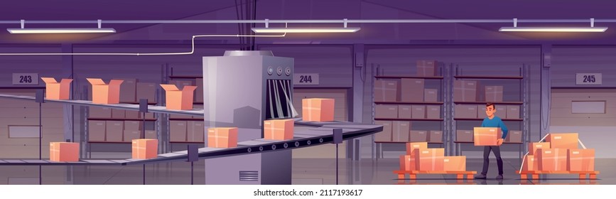 Worker loading boxes on conveyor belt at factory manufacture room, plant interior. Delivery company or postal service automated packaging or production line with freight, Cartoon vector illustration