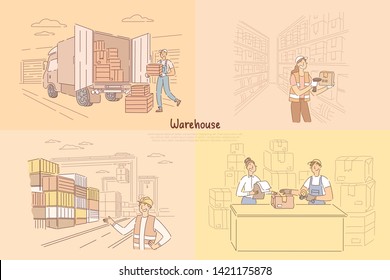 Worker loading crates into back of truck, woman in uniform scanning barcode on box in storage, shipping profession banner