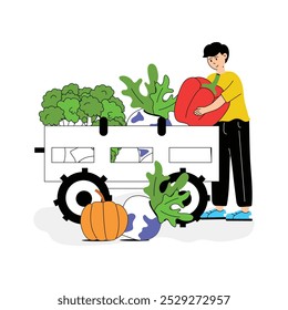 Un trabajador carga verduras recién cosechadas en un vehículo