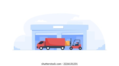 Worker loading packages on truck. Man driving forklift. Vector illustration