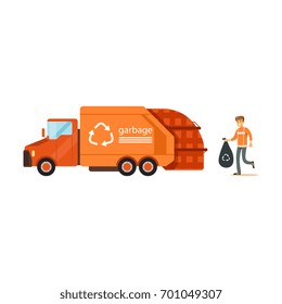 Worker loading rubbish bag into garbage collector truck, waste recycling and utilization concept vector Illustration