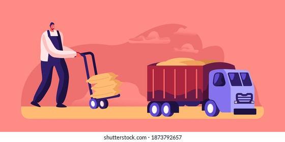 Worker Loading Sacks with Flour on Truck, Cereals Manufacture, Production, Character Producing Wheat. Bread Industry. Harvesting Process and Agriculture, Factory Work. Cartoon Vector Illustration