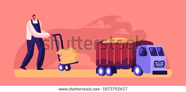 Worker Loading Sacks with Flour on Truck,\
Cereals Manufacture, Production, Character Producing Wheat. Bread\
Industry. Harvesting Process and Agriculture, Factory Work. Cartoon\
Vector Illustration