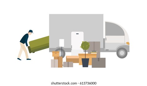 Worker loading things for transportation. Moving into a new house.  Cartoon illustration in flat style.