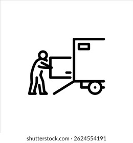 worker loading to truck outline icon. factory activity line art illustration.