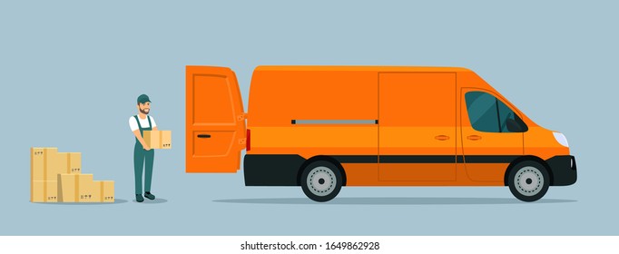 Worker loads boxes in a cargo van. Vector flat style illustration.