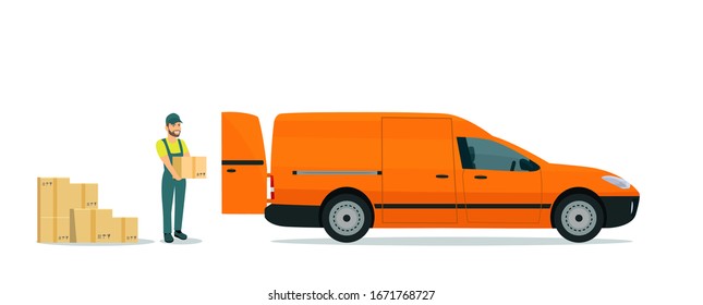 Worker loads boxes in a cargo van. Vector flat style illustration.