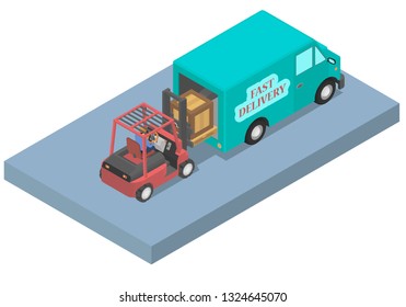 Worker loads a van with a forklift. Loader with driver and van in isometric.