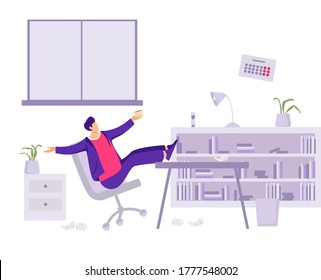 Worker loafer in office illustration. Male character lounges while working mediocre employee who does not fulfill companys plan poor deadline conditions unproductive vector activity.