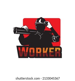 worker logo, silhouette a man wearing helmet and uniform vectorillustration