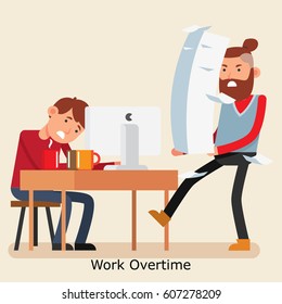 A worker looking stress with amount of paperwork his boss handing to him. Flat style illustration on work and office theme