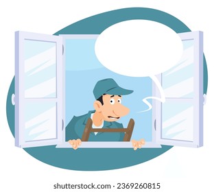 Worker looks out window. Funny people. Illustration concept template for website, web landing page, banner, presentation, social, poster, promotion or print media.