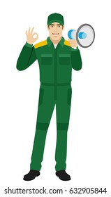 Worker with loudspeaker showing a okay hand sign. Full length portrait of Delivery man or Worker Character in a flat style. Vector illustration.