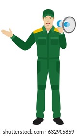 Worker with loudspeaker showing something beside of him. Full length portrait of Delivery man or Worker Character in a flat style. Vector illustration.