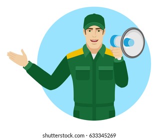 Worker with loudspeaker showing something beside of him. Portrait of Delivery man or Worker in a flat style. Vector illustration.