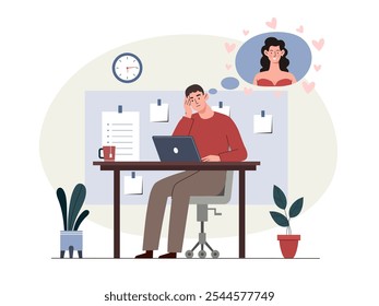 Worker with love fantasies. Man sits at his workplace with laptop and dreams of women. Love and romance. Relaxation and daydream in office. Flat vector illustration isolated on white background