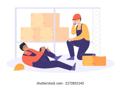 Worker lying on floor with injured leg flat vector illustration. Scared friend sitting on floor and calling ambulance. Accident in warehouse. Factory, danger, rescue, safety concept