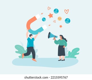 Worker with magnet using strategy for attracting new followers. Woman with loudspeaker making announcement flat vector illustration. Social media, marketing concept for banner or landing web page