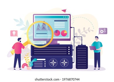 Worker with magnifying glass diagnose computer and power supply. Two sysadmin perform technical work with server. System administrator configures server. Optimization of work. Flat vector illustration