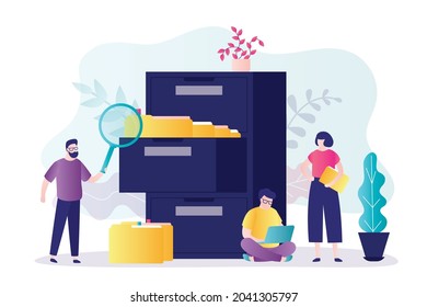 Worker with magnifying glass looking for documents in archive. Team of employees organizes and sorts data folders. Large filing cabinet with many folders. File management. Flat vector illustration