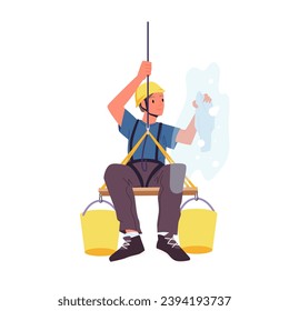 Worker of maintenance service cleaning dirty window glass of building with sponge and water vector illustration. Cartoon isolated professional industrial climber in helmet hanging on security belt