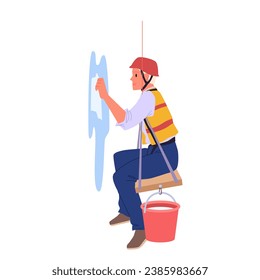 Worker of maintenance service cleaning window of facade vector illustration. Cartoon isolated side view of working industrial climber hanging with security belts and helmet to clean glass with sponge