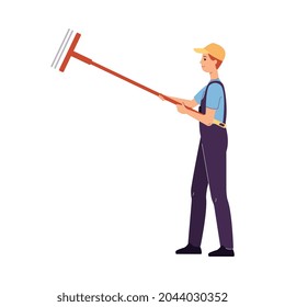 Worker Or Maintenance Service Employee In Blue Uniform Coverall With Mop, Flat Vector Illustration Isolated On White Background. Workman Or Handyman With Cleaning Tool.