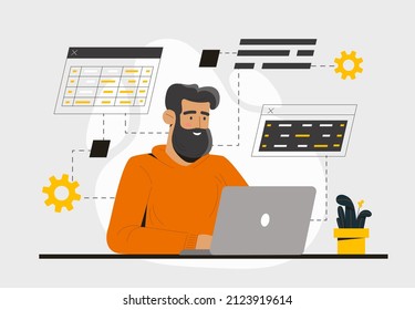 Worker make analysis. Young man doing calculations on laptop. Employee in office, novice entrepreneur assesses effectiveness of company. Worker works with tables. Cartoon flat vector illustration