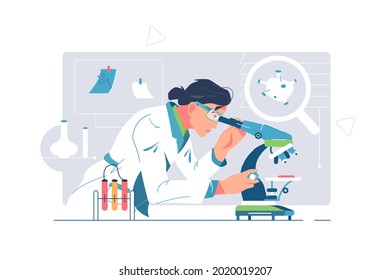 Worker make scientific research in lab vector illustration. Test sample under microscope flat style. Science, discover, biochemistry concept