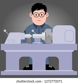 worker makes the part on the lathe. flat vector illustration