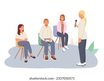 Worker making notes, listening female speaker. Conference for different workers. Project presentation, collective meeting. Vector flat illustration in cartoon style