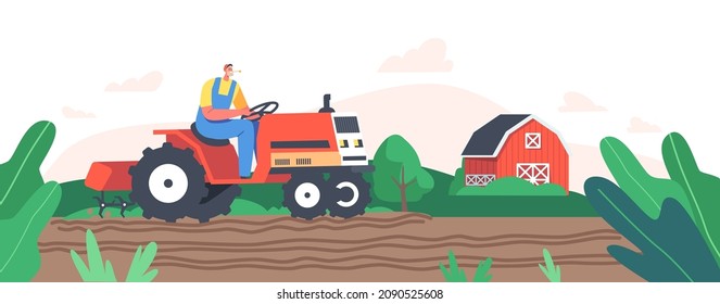 Worker Male Character Agricultural Worker Prepare Field For Sowing Seeds, Senior Farmer In Cap And Overalls Work On Tractor Plow The Land On Farm. Agriculture Job. Cartoon People Vector Illustration