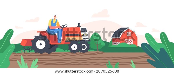 Worker Male Character Agricultural Worker\
Prepare Field for Sowing Seeds, Senior Farmer in Cap and Overalls\
Work on Tractor Plow the Land on Farm. Agriculture Job. Cartoon\
People Vector\
Illustration