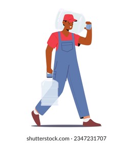 Worker Male Character Deliver Fresh Water Gallons in Hands, Ensuring Its Purity And Quality, Providing A Personal Touch To The Service Isolated on White Background. Cartoon People Vector Illustration