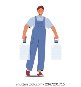 El Carácter De Trabajador Masculino Proporciona Agua Dulce Utilizando Gallones Plásticas, Garantizando Un Suministro De Agua Segura Y Limpia A Los Hogares Y Las Empresas, Apoyando La Salud Y El Bienestar. Ilustración de vectores de personas de caricatura