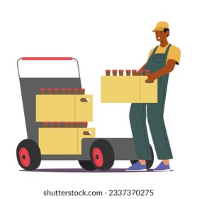 Worker Male Character Efficiently Load Bottles With Brewed Products on Trolley During The Production Process, Ensuring Quality And Timely Distribution. Cartoon People Vector Illustration