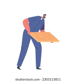 Worker Male Character Holding Wooden Board Isolated on White Background. Carpenter Assembly Furniture